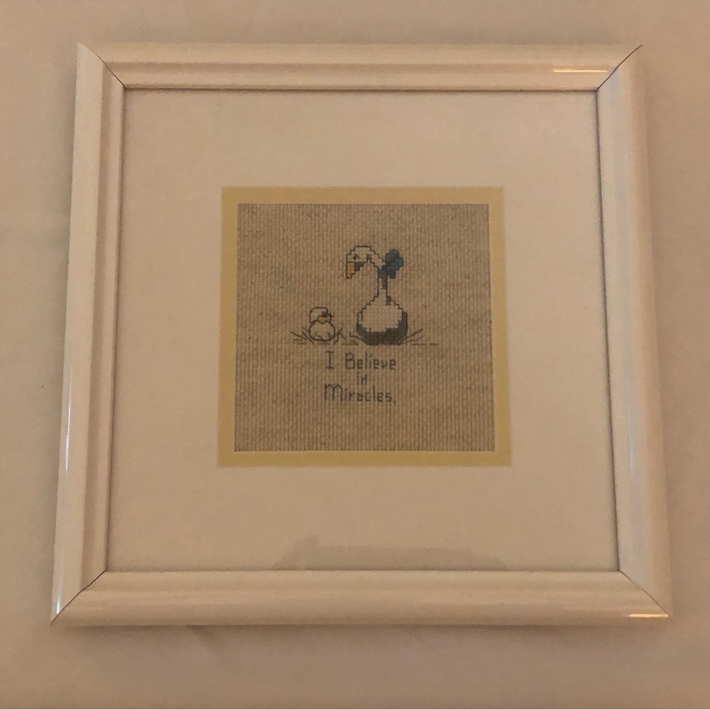 Framed Nursery Cross-Stitch Art in White and Yellow - I Believe in Miracles